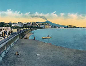 Vesuvius Prints: Napoli - Castello Dell Ovo E Via Caracciolo Con Vesuvio, c1900. Creator: Unknown