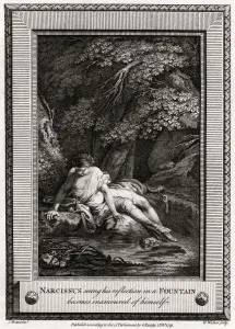 Narcissism Prints: Narcissus seeing his reflection in a Fountain becomes enamourd of himself