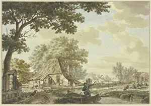 Canal Prints: Narrow canal near a village, a man in a boat