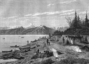 Yukon River Prints: A Native American camp at the edge of the Yukon river, USA, 19th century. Artist: Hurel