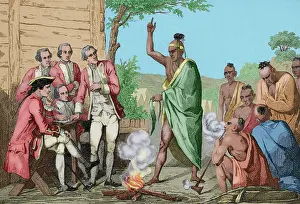 Ritual Prints: Native American council and conquistadors meeting around a fire