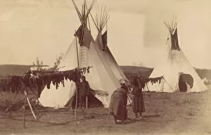 Native American Woman in Camp with Racks of Drying Meat, 1880s-90s. Creator: Unknown