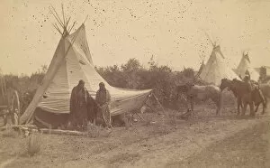 Native American Women and Horses by Teepee in Camp, 1880s-90s. Creator: Unknown