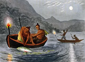 Torchlight Prints: Native Americans fishing by torchlight in North America, 1813. Artist: H Merke