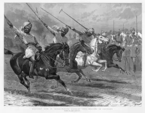 Cavalryman Prints: Native cavalry tent-pegging in sections, India, 1890. Artist: John Charlton