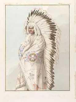 North American Prints: Native North American costume: a man wearing a decorated robe and a feather headdress