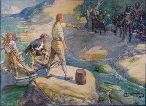 Curiosity Prints: Natives Gathered Round Them, c1908, (c1920). Artist: Joseph Ratcliffe Skelton