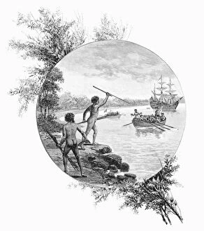 Captain Cook Collection: Natives opposing Captain Cooks landing, Australia, 1770 (1886). Artist: W Macleod