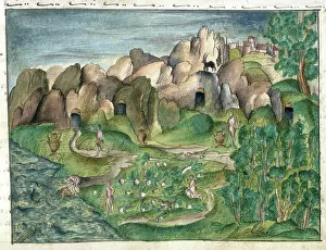 The natives of Venezuela, using gold vessels, cultivating maize and fishing, 1560-1632. Creator: Unknown