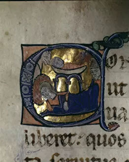 Nativity, illuminated capital letter in the Episcopal Sacramentary of Elna manuscript