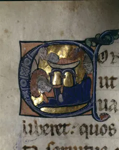 Nativity, illuminated capital letter in the Episcopal Sacramentary of Elna manuscript Nativity, illuminated capital letter in the Episcopal Sacramentary of Elna manuscript