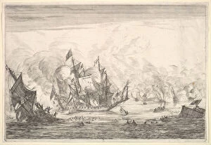 Sea Battle Gallery: Naval Battle with an English Ship Foundering on the Left, from Naval Battles (Nieuwe Sc