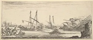 Galley Prints: A naval battle, a rowboat full of men to left, a sinking ship to right, two galleys ba