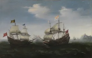 Carracks Prints: Naval combat against a rocky shore, 1627