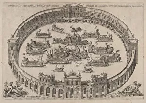 Sea Battle Gallery: Naval engagement set inside a Roman arena, with the river Tiber and nymphs at lower lef