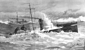 Gale Prints: The Naval Manoeuvers; Torpedo Boats in a Gale, 1890. Creator: J Nash