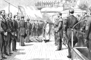 Chaplain Prints: The Naval Manoeuvres - with the Northern Fleet; A Man-of-War Funeral at Sea