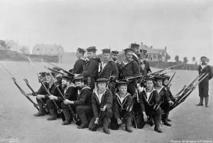 Naval training on shore; forming a rallying group, 1896. Artist: W Gregory