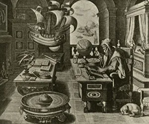 Hodder Stoughton Ltd Collection: A Navigating Expert at Work in His Study with Globe and Compass, c1591, (1928)