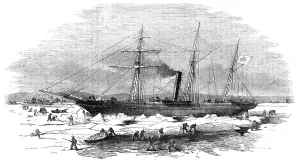 Hamburg Germany Prints: Navigation of the Elbe - the Steamer Pollux cutting through the ice at Altona