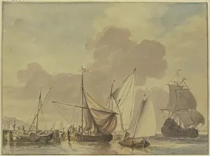 Docks Prints: Navy with five ships in the foreground, 18th century. Creator: Jan Verbruggen