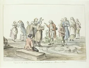 Negotiation between the guide of travel group and mule drivers for journey to Etna, 1778. Creator: Louis Ducros