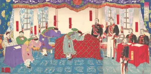 Kowtowing Prints: Negotiations after the Sino-Japanese War, March 1895. Creator: Keisai