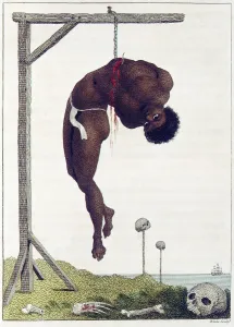 Barbaric Prints: A Negro hung alive by the Ribs to a Gallows