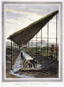 Overseer Prints: Negro slaves washing for diamonds watched over by supervisors with whips, Brazil, 1815