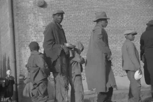 Bad Weather Gallery: Negroes in the lineup for food at the flood refugee camp, Forrest City, Arkansas, 1937