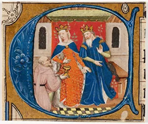 Nehemiah before King Artaxerxes, initial ‘C from a Bible, about 1430. Creator: Masters of Zweder van Culemborg