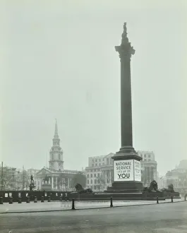 Nelsons Column with National Service recruitment poster, London, 1939