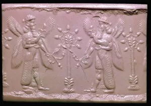Cylinder Collection: Neo-Assyrian cylinder-seal impression showing mythical beings making offerings