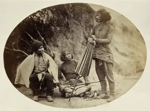 Legs Crossed Prints: Nepal: military men: two seated, one standing, c1860. Creator: Clarence Comyn Taylor