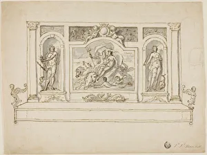 Sea Nymph Prints: Neptune and Amphitrite Flanked by Jupiter and Juno: Design for Painted Hall or Garden