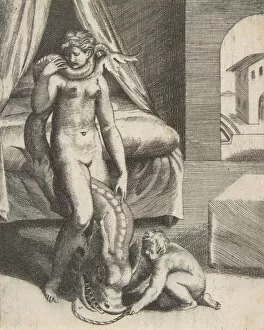 Mythological Creature Gallery: Neptune and Melanthe, from The Loves of the Gods, ca 1531-76. Creator: Giulio Bonasone