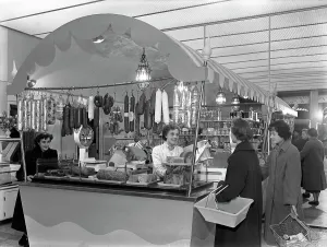 Shopping Basket Prints: New Co-op central butchers department, Barnsley, South Yorkshire, 1957. Artist
