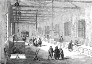 Trolley Gallery: New foreign baggage warehouse, St. Katherines Docks, 1845. Creator: Unknown