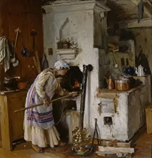 A new home dare. At the Stove, 1918. Artist: Makovsky, Alexander Vladimirovich (1869-1924)