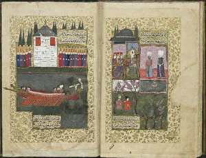 The new kiosk and caique built by Osman II, from Sehname-i Nadiri (Topkapi Palace Museum... c.1622. Creator: Turkish Master)