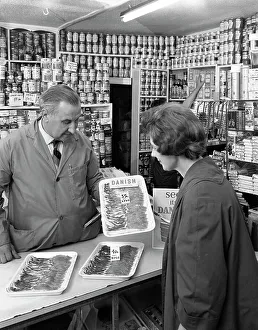 Shopkeeper Gallery: New metric system of selling bacon, Stocksbridge, Sheffield, South Yorkshire, 1966
