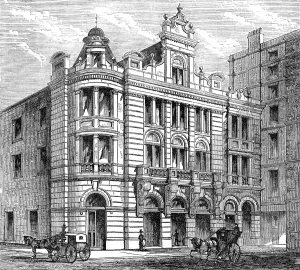 Electric Lighting Prints: The new Savoy Theatre, front towards the Thames Embankment, 1881. Creator: Unknown