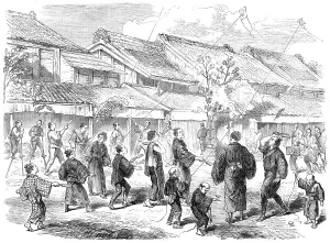 Stilts Prints: New-Year's Day in Japan - game of battledore and shuttlecock in the streets of Yokohama