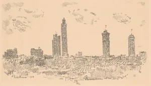 Frederick Childs Hassam Prints: New York Sky Line, Dark Buildings, 1918. Creator: Frederick Childe Hassam