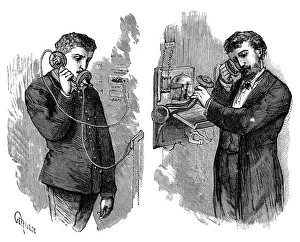 Receiver Prints: New York telephone subscriber making call through operator at telephone exchange, 1883