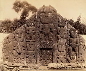 Aotearoan Prints: New Zealand: the carved front of a Maori meeting house
