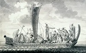 Canoe Prints: A New Zealand war canoe with sail, 1768-1780. Creator: Unknown