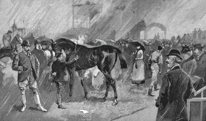 Race Course Prints: The Newmarket October Meeting -- The Birdcage on a Rainy Day, 1891. Creator: Unknown