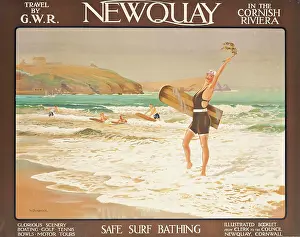 Railroad Prints: Newquay. Safe Surf Bathing, c1930. Creator: Burbidge, William (1884-1949)