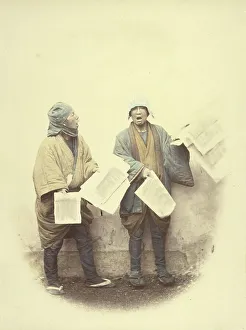 Vignette Prints: News Vendors, 1866-1867. Creator: Felice Beato
